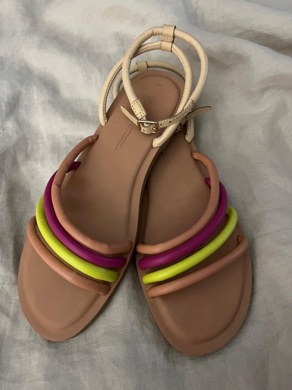 Toms Beige Sandals with Pink and Lime Accent Straps NWO Box